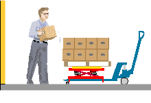 A palletizer on a pallet jack lifts the load to a convenient level