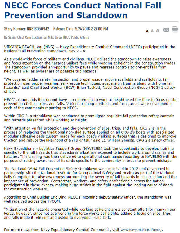 NECC Forces Conduct National Fall Prevention and Standdown - see article linked below