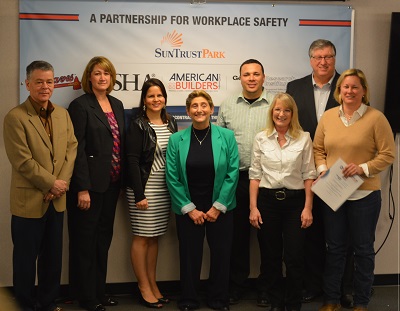 Strategic PartnershipFrom left: Teresa Harrison and Christi Griffin, OSHA; Daniel J. Ortiz, Georgia Tech Research Institute; Mike Dunham, Associated General Contractors of Georgia; and Lisa Capicik, Mark Granger, Chris Britton, Randy Schnieders and John Owen of American Builders 2017
