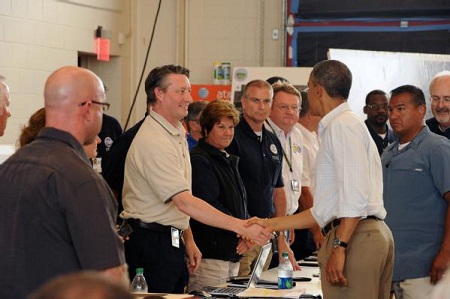 President Obama shakes hands with OSHA area director for Oklahoma, David Bates