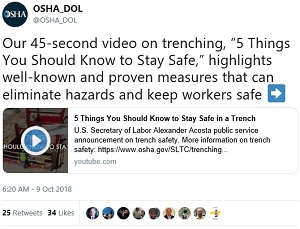 OSHA tweet: Our 45-second video on trenching, "5 Things You Should Know to Stay Safe," highlights well-known and proven measures that can eliminate hazards and keep workers safe