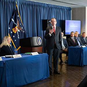 Secretary of Labor Alexander Acosta addresses ET&D and IBEW members before the partnership signing.