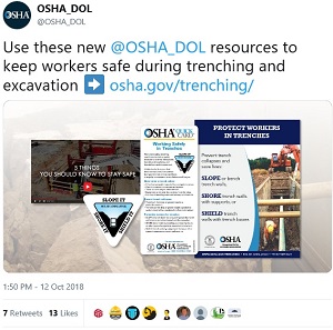 OSHA Tweet: Use these new @OSHA_DOL resources to keep workers safe during trenching and excavation: osha.gov/trenching