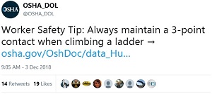 Worker Safety Tip: Always maintain a 3-point contact when climbing a ladder