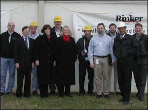 OSHA members tour Rinker Materials - Hydro Conduit Concrete Pipe Plant, an ACPA member facility, in Frederick, Maryland January 12, 2004. From L-R: Scott McVicker, Kerr Concrete Pipe; John Duffy, ACPA; Edward Zimowski, OSHA; Lee Anne Jillings, OSHA; D.J. McKinney, Rinker Materials; Paula White, OSHA; Emil Golias, OSHA; Jess McCluer, OSHA; Rich Holsten, Rinker Materials; Keith Goddard, Maryland Division of Labor and Industry; and Greg Daugherty, Hanson Pipe and Products, Incorporated.