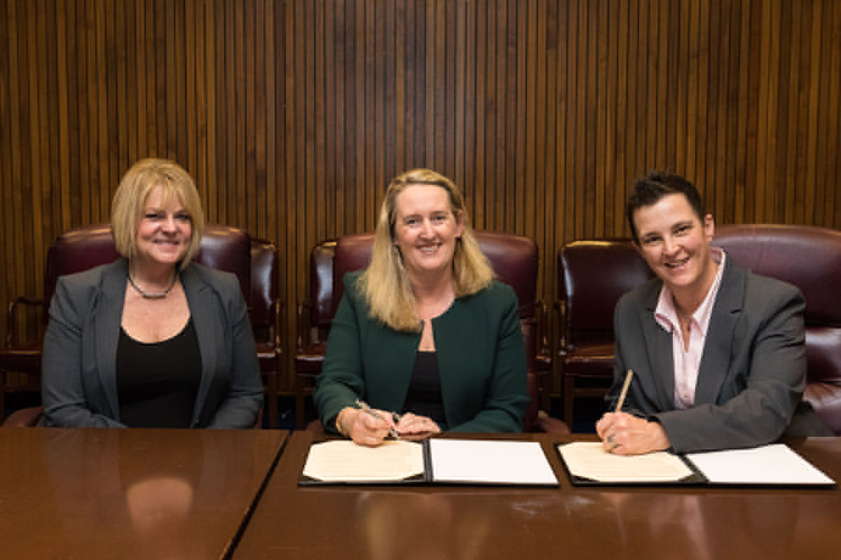 Treasa M. Turnbeaugh, CEO, BCSP;  Loren Sweatt, Deputy Assistant Secretary, USDOL-OSHA; and Linda F. Martin, President, BCSP at the Alliance signing ceremony on February 1, 2018
