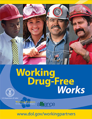 A Working Partners' poster promoting the importance of drug-free workplaces in the construction industry.