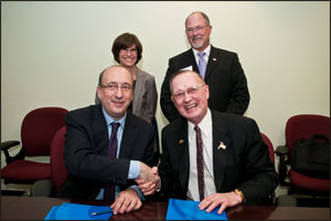 (L-R: Sitting) Dr. David Michaels, PhD, MPH, Assistant Secretary, USDOL-OSHA; Robert R. Jones, Chairman of the Board, NAHB, and (L-R: Standing) Deborah Berkowitz, Chief of Staff, USDOL-OSHA; Ray Rhodes, Chairman, Construction Safety & Health Committee, NAHB, at the national Alliance renewal signing on April 19, 2010.