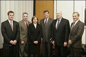 (Left to Right): Michael Rybolt, Scientific and Technical Affairs Coordinator, National Turkey Federation; Frank J. Cruice, Corporate Director for Safety and Security, Perdue Farms Incorporated, Alice C. Johnson, President, National Turkey Federation; Jonathan L. Snare, OSHA's then-Acting Assistant Secretary; George Watts, President, National Chicken Council; and Steve Pretanik, Director of Science and Technology, National Chicken Council after the signing ceremony.