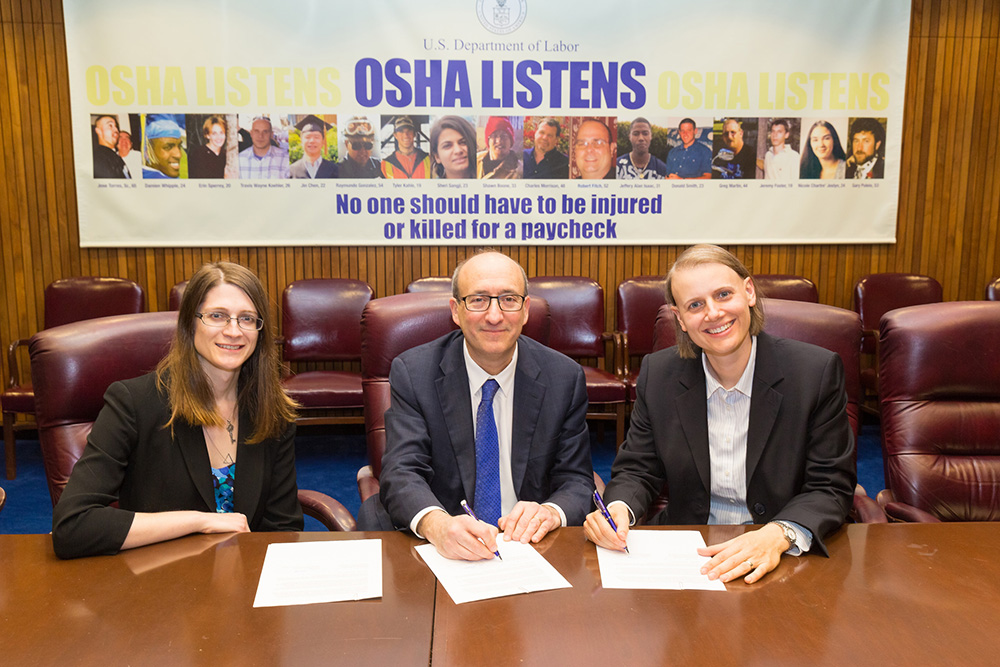 (L to R): Harper Jean Tobin, NCTE Director of Policy; then-Assistant Secretary Dr. David Michaels, USDOL-OSHA; and Lisa Mottet, NCTE Deputy Executive Director at the alliance  signing ceremony on April 27, 2015.
