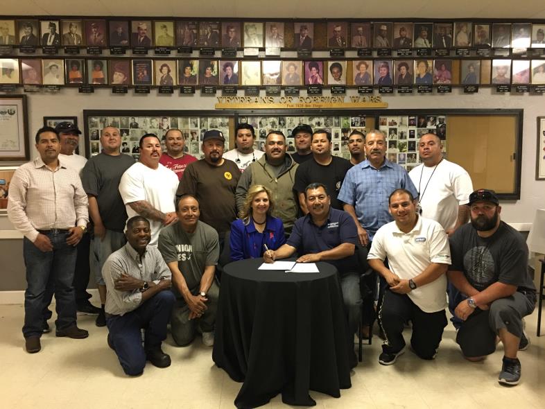 OSHA and Shipyard Workers Union representatives at the alliance renewal signing on April 17, 2017. Top row (L to R): Ruben Arguirre, Ramon Lopez, Miguel Aguirre, Jesus Enriquez, Ki Hoffman, Robert Navarro, Joseph Krings, Ruben Aguirre, Luis Torres, Abel Parra, Armando Godinez, Evaristo Ramos, Alberto Altamirano. Bottom row (L to R): Ralph Edwards, Felipe Hernandez, Andrea J. Reid (DOL-OSHA- San Diego Area Director), Robert Godinez (President, Shipyard Workers Union), Martin Hernandez, and Richard Sparkman.