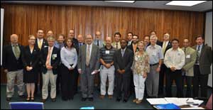 Dr. David Michaels (front row, fourth from the left), Assistant Secretary, USDOL-OSHA, with the Alliance Program Construction Roundtable meeting attendees including Rob Matuga, Assistant Vice President, NAHB, and Marcus Odorizzi, Safety Specialist, NAHB, at the Department of Labor on July 29, 2010.