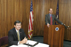 John Howard, Director of NIOSH, speaks during the signing of the Roadway Work Zone Safety and Health Coalition Alliance on November 18, 2003.