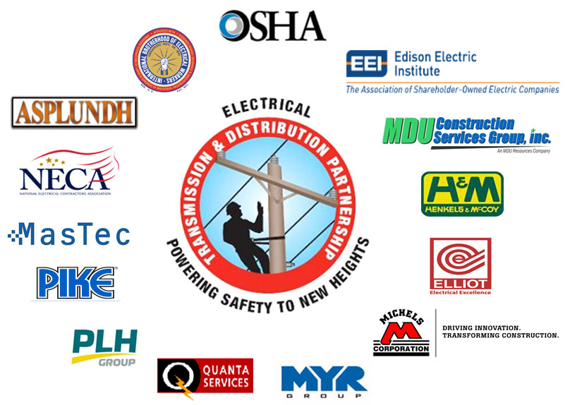 This includes the folowing logos: OSHA, Edison Electric Institute, MDU Construction Services Group, Inc., Henkels and McCoy, Elliot Electrical Excellence, Michels Corporation, MYR Group, Quanta Services PLH Group, Pike, Mastec, National Electrical Contractors Association (NECA), ASPLUNDH, International Brotherhood of Electrical Workers, and The Electrical Transmission and Distribution Construction Contractors