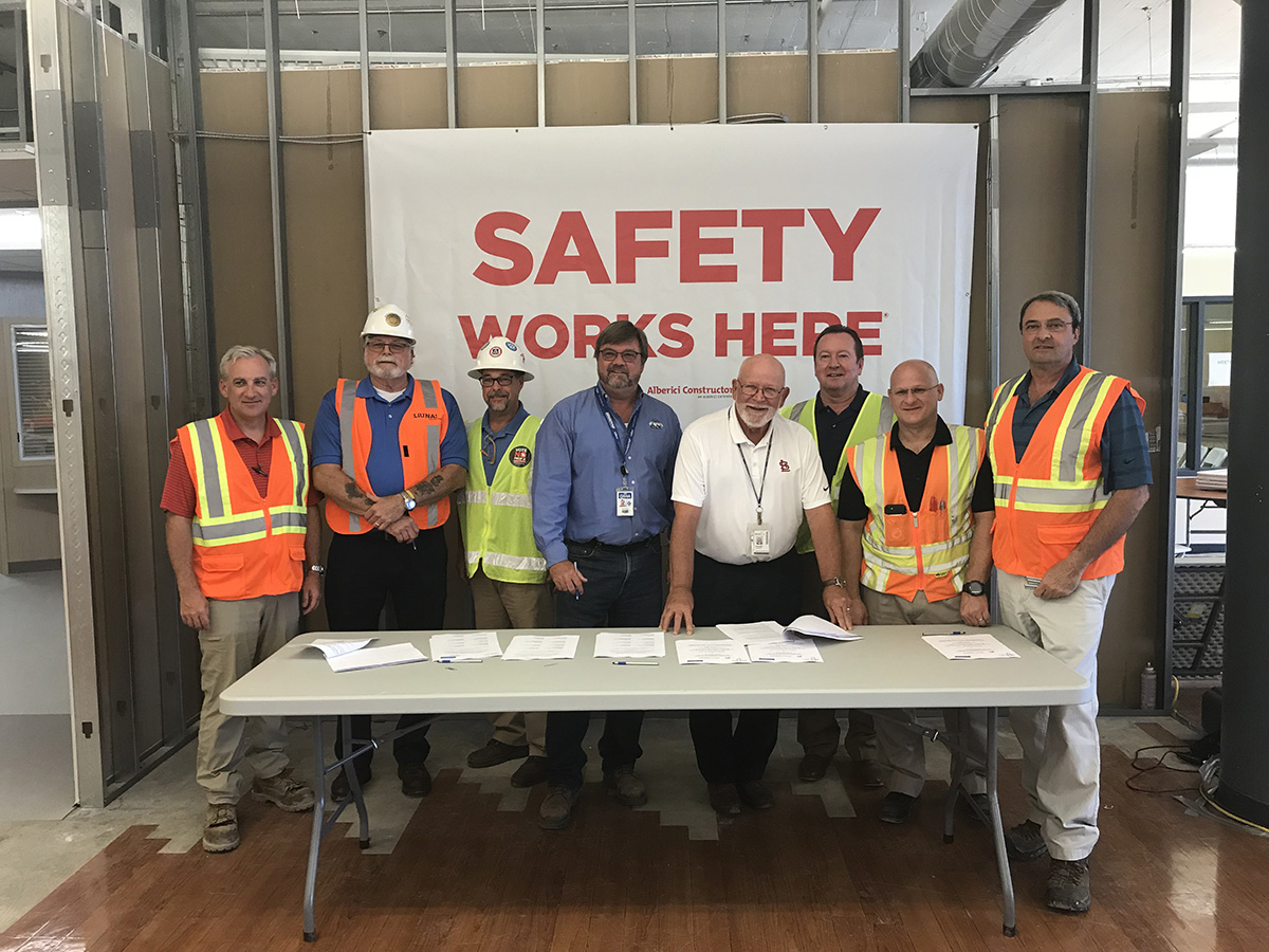(left to right) Timothy M. Gunn, Vice President, Alberici Healthcare, LLC; Gary Elliott, Business Manager Special International Representative; Barry Stelzer, St. Louis-Kansas City Carpenters Regional Safety Director and Trainer; William D. McDonald, Compliance Assistance Specialist, St. Louis Area Office, US DOL-OSHA; Donald E. Wojtkowski, Network Director Design and Construction Services, SSM Health Care; John Stifller, Executive Secretary/Treasurer, St. Louis Building and Construction Trades Council; Brian Crawford, Project Director, Alberici Healthcare, LLC; and Bo Cooper, Safety Director, Alberici Constructors, Inc. after the signing ceremony.