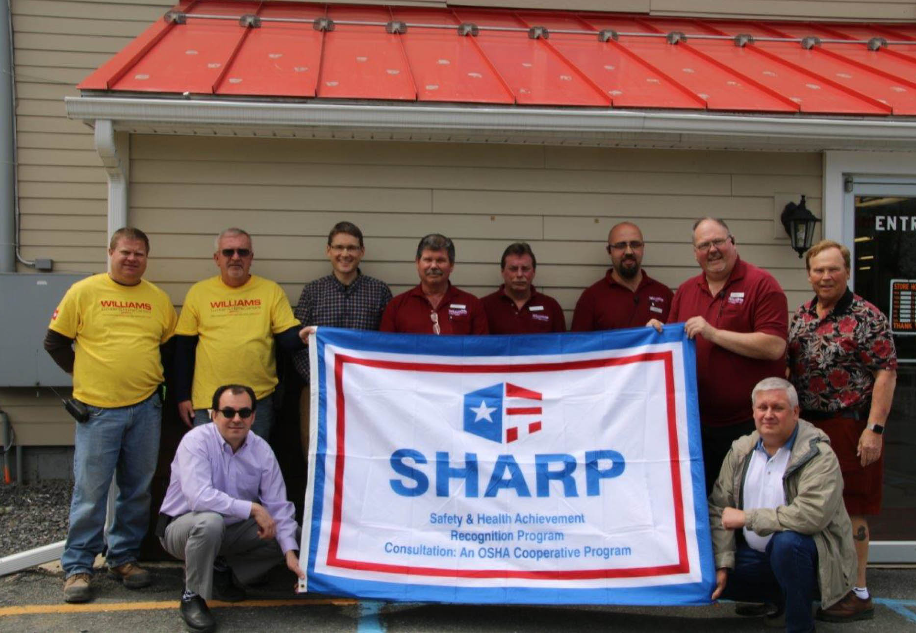 Williams Lumber & Home Centers Team Celebrates Earning SHARP Recognition
(Left to Right: T.J. Keeler, Kevin Blair, Jim Cataquet (kneeling), Tom Jozefowicz, Gary Strompf, Darryl Muller, Mike Staccio, Rich Fitzgerald, Geoff Holodook (kneeling), Sandy Williams)
