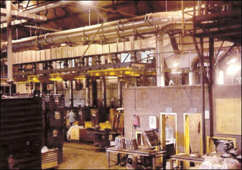 Figure 1. Large casting grinding is done on ventilated workbenches in semi-enclosed booths (center) and in enclosed booths (right)