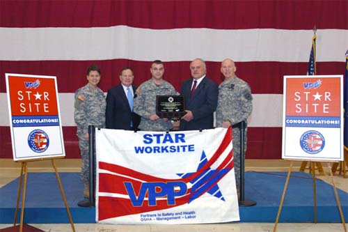 VPP Star Ceremony From left: Major General Jessica Wright, Adjutant General of Pennsylvania; Mr. Tad Davis, Deputy Assistant Secretary of the Army for Environment, Safety and Occupational Health; Sergeant Matthew Dohner, Association of Civilian Technicians representative; Mr. Ed Selker, OSHA Deputy Regional Administrator; Colonel Steve Mahoney, facility Commander