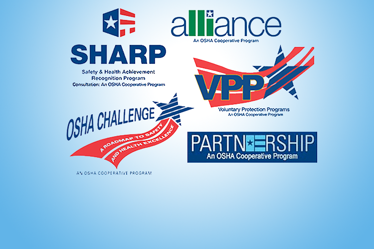 OSHA Cooperative Programs Logos. SHARP, Alliance, OSHA Challenge, VPP, Partnership.