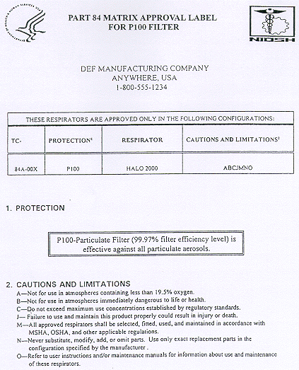 Part 84 Matrix Approval Label for P100 Filter