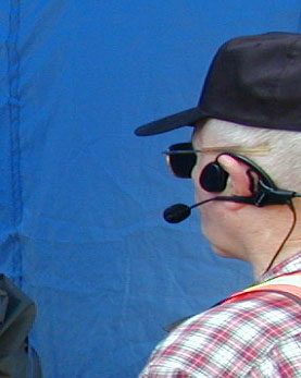 Detail of temple-transducer style radio headset