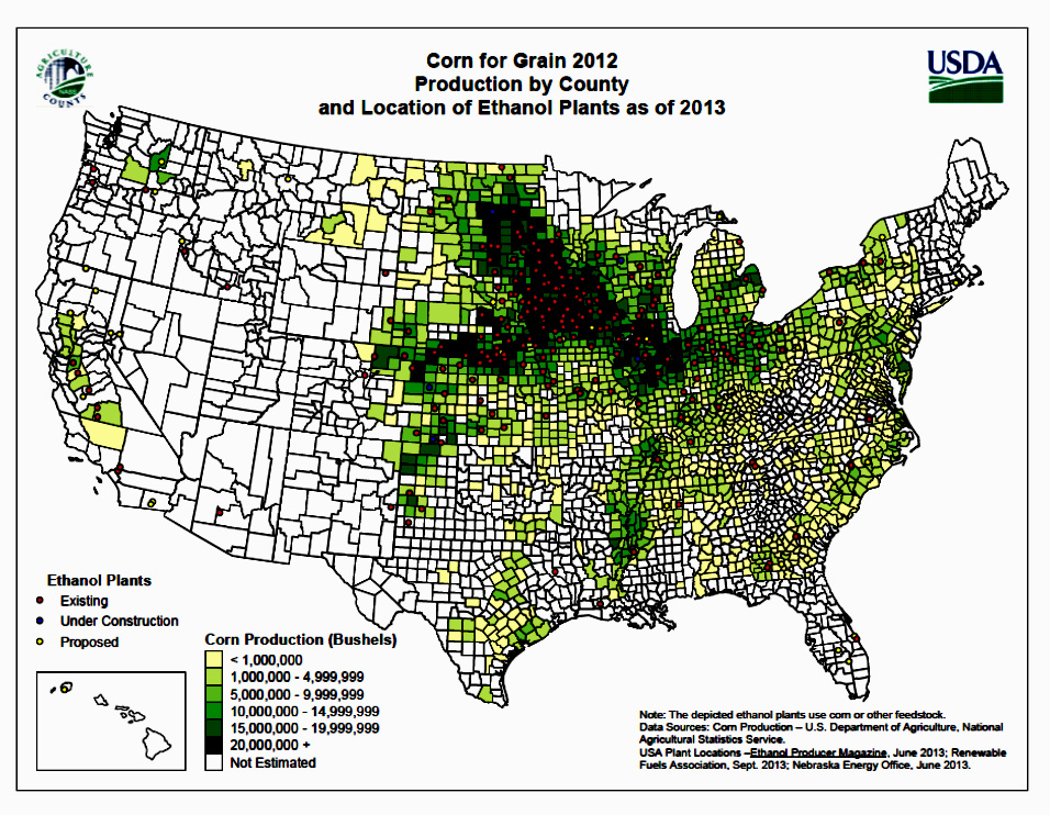 Figure II.2. Map of Ethanol Production Facilities in the U.S. (USDA, 2013b)