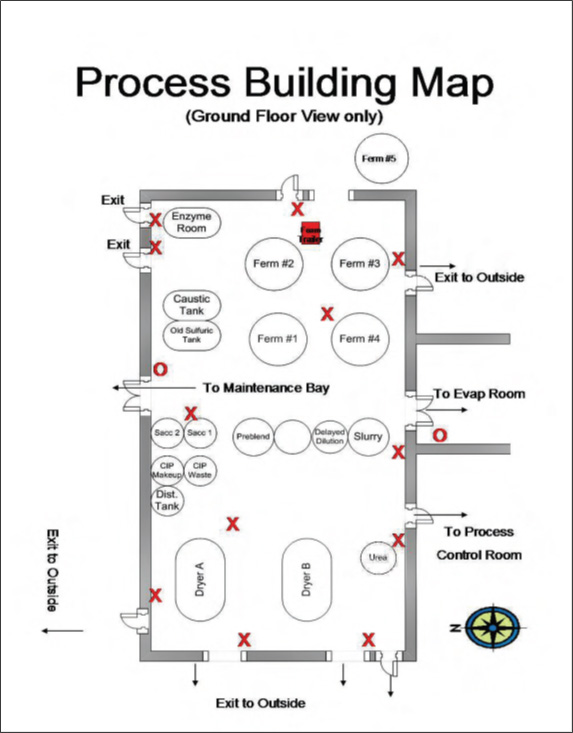 Figure VI.1 Example of a Process Building Map (IAFC, 2008). This figure shows a process building map example, with marks placed designating live fire and Class B standpipe locations.