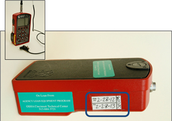 Noise Dosimeter with Calibration Sticker circled/highlighted. For problems with accessibility in using figures, illustrations in this document, please contact the Directorate of Technical Support and Emergency Management at (202) 693-2300.
