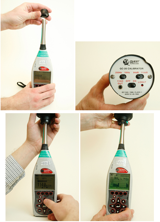 Various photographs showing sound level meter calibration. For problems with accessibility in using figures, illustrations in this document, please contact the Directorate of Technical Support and Emergency Management at (202) 693-2300.
