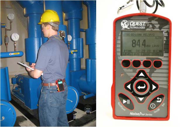 Photographs of a worker taking a reading and a noise dosimeter. For problems with accessibility in using figures, illustrations in this document, please contact the Directorate of Technical Support and Emergency Management at (202) 693-2300.