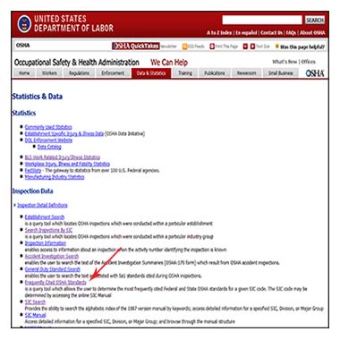 Screen capture indicating how to navigate to the IMIS noise citations. For problems with accessibility in using figures, illustrations in this document, please contact the Directorate of Technical Support and Emergency Management at (202) 693-2300.