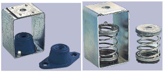 Photographs of neoprene and spring vibration isolators. For problems with accessibility in using figures, illustrations in this document, please contact the Directorate of Technical Support and Emergency Management at (202) 693-2300.