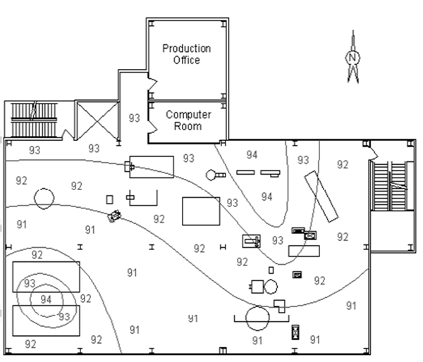 Illustration of Noise Contour Map. Includes a production office and computer room as well as a stairwell. For problems with accessibility in using figures, illustrations in this document, please contact the Directorate of Technical Support and Emergency Management at (202) 693-2300.