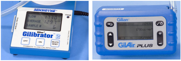 Figure F-6. Gilibrator Display Panel Showing Flow Rate, Side by Side with Gilair Sampling Pump with Digital Flow Readout