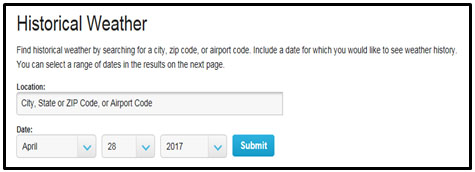 Screenshot of the Historial Weather screen on the Weather Underground website. Includes a description: 'Find historical weather by searching for a city, zip code, or aiport code. Include a data for which you would like to see weather history. You can select a range of dates in the results on the next page.' Followed by some input options for Location: City, State or ZIP Code, or Airport Code and Date: Month, Day, Year.