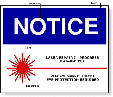 This figure shows a laser repair notice sign. The top half features white "NOTICE" text on a large blue box. The bottom half shows a red symbol for a laser on a white background, with the text "LASER REPAIR IN PROGRESS" in bold black lettering above the symbol, and the text "Do not Enter When Light is Flashing" in black lettering and "EYE PROTECTION REQUIRED" in bold black lettering below the symbol.