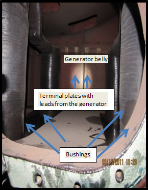 Figure 2: Bushing box with man-way cover removed - Includes labels pointing to the Generator bellow, terminal plates with leads from the generator and bushings.
