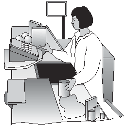 Depiction (side view) of checker scanning items from conveyor