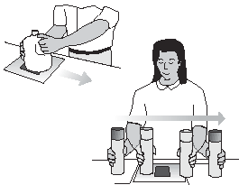 Depiction (two front views) of checkers handling/moving items over scanner