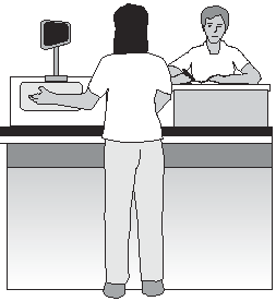 Depiction (rear view - behind checker) with customer at checkstand