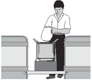 Depiction (front view) checker placing items from conveyor into grocery bag