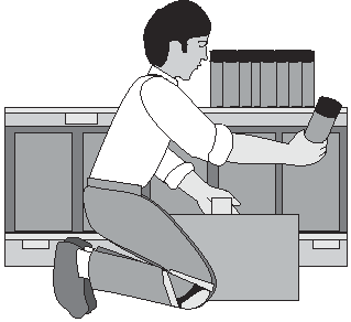 Depiction (side view - behind shelf) with stocker kneeling/with knee pads removing items from box