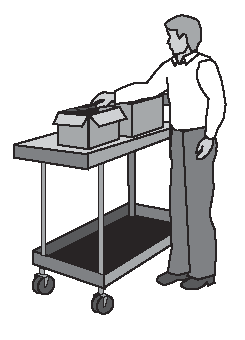 Depiction of stocker beside wheeled cart reaching for item in box at waist level