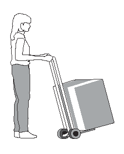 Depiction of stocker using hand truck to move a large box