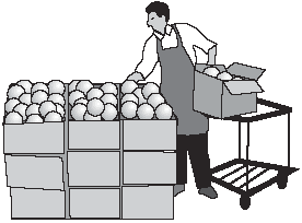 Depiction of produce employee stocking from cart to display
