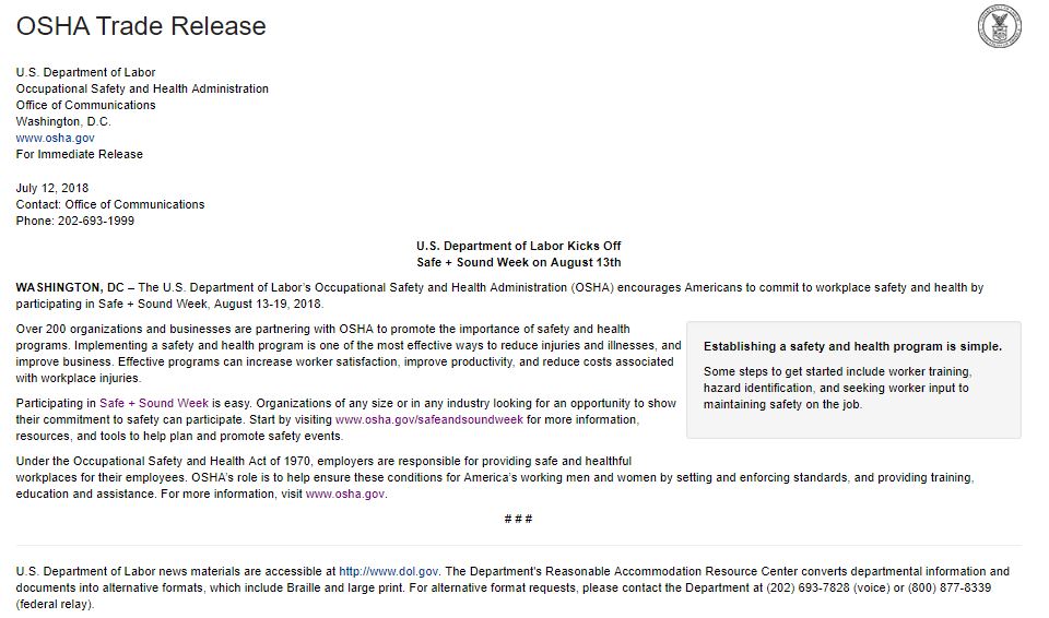 OSHA Press Release