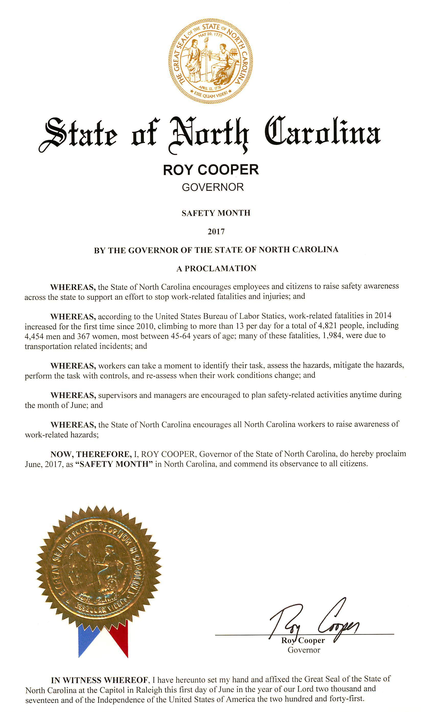 North Carolina Proclamation