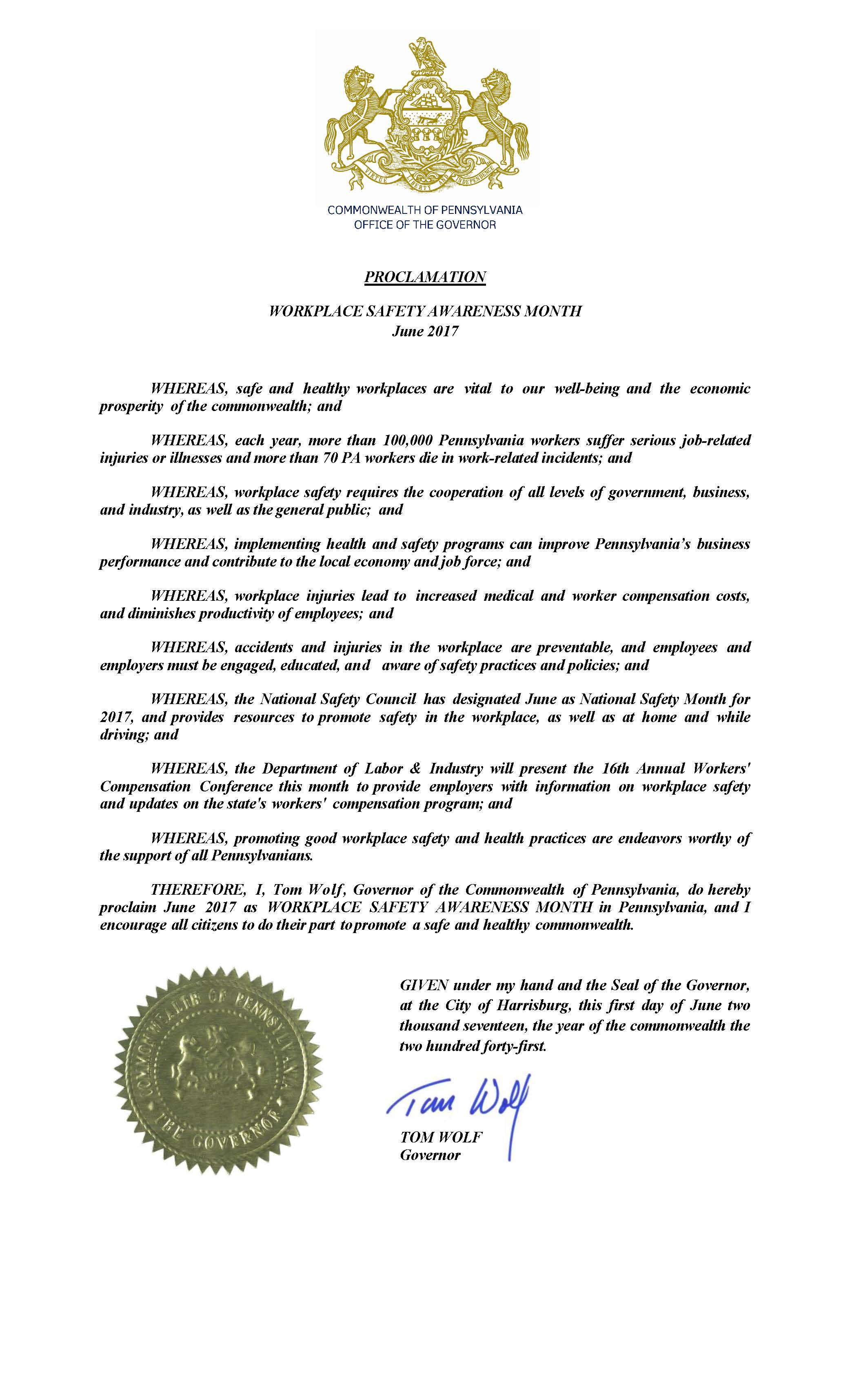 Pennsylvania Proclamation