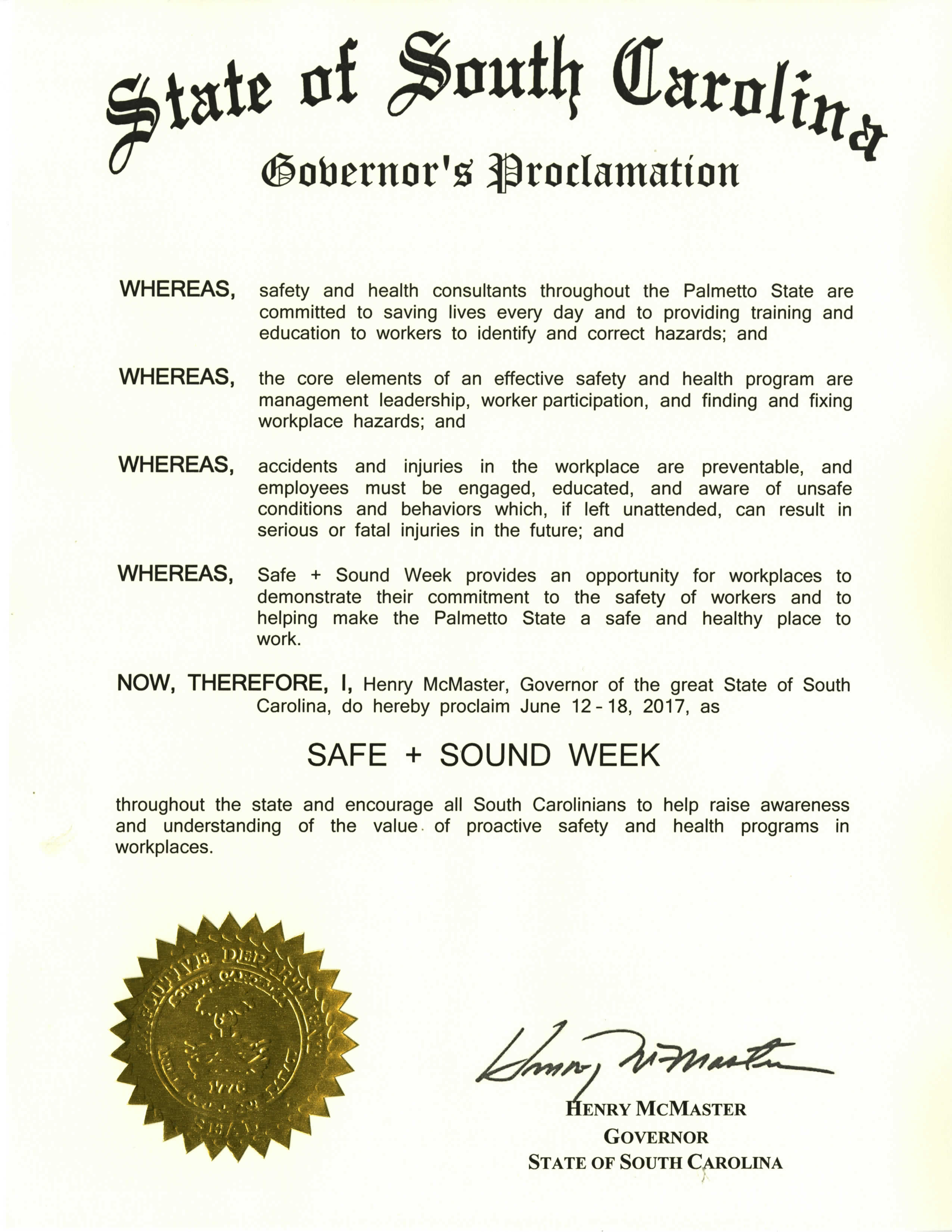 South Carolina Proclamation