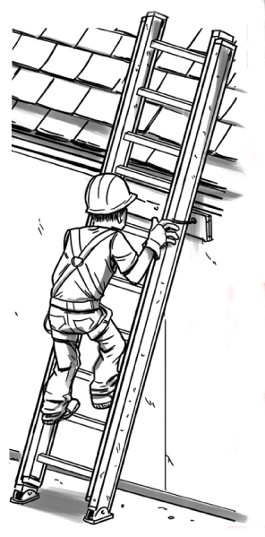 Construction worker climbing ladder